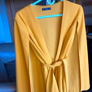 SHEIN open belted cape, blazer in mustard